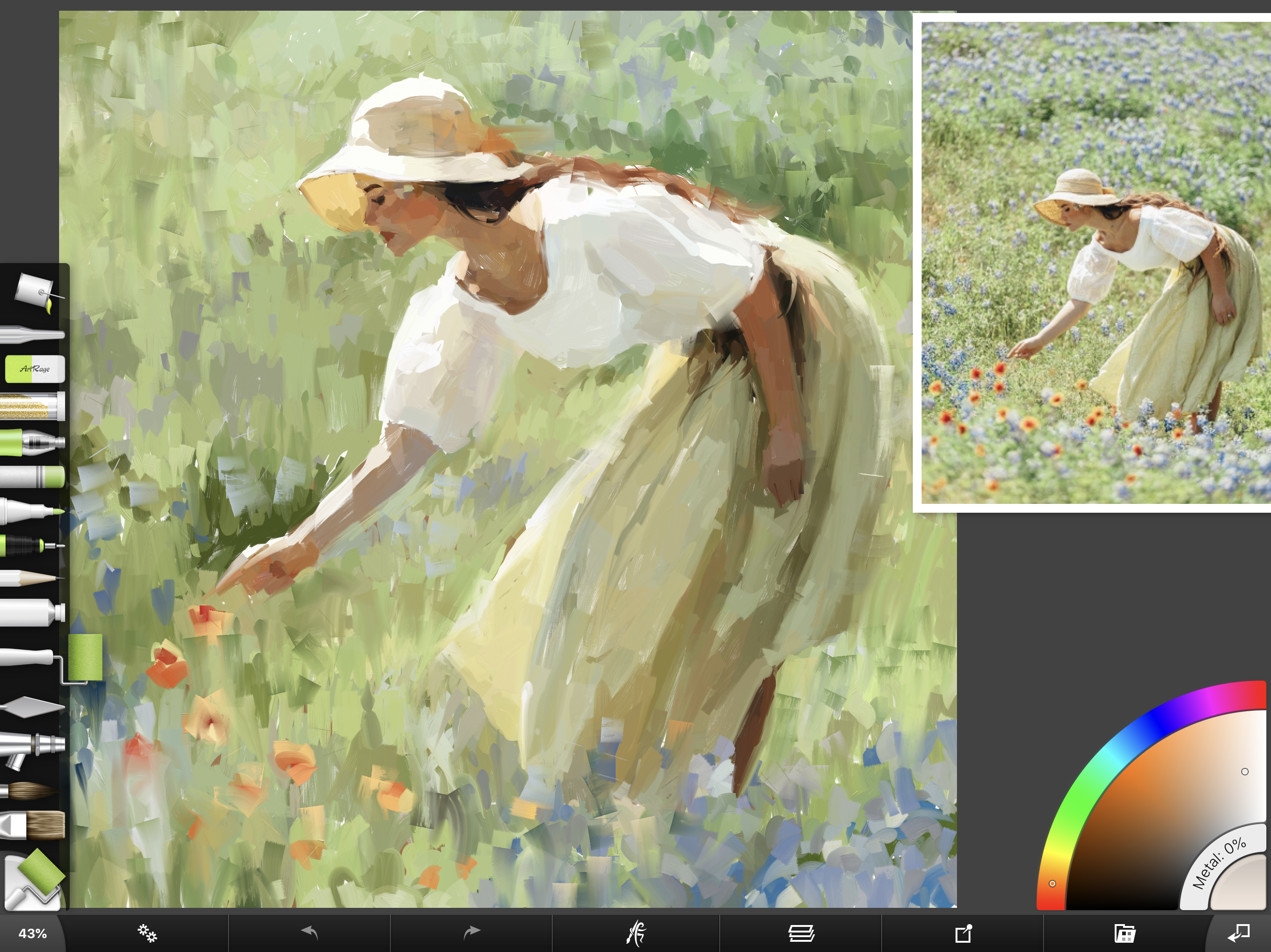 ArtRage mobile working on an image of a woman in a flower garden