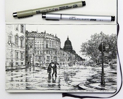 St Petersburg Russia traditional pen and ink drawing by Mikhail Karetin