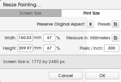 Edit Resize Painting menu in ArtRage 5 with Preserve Original Aspect unticked