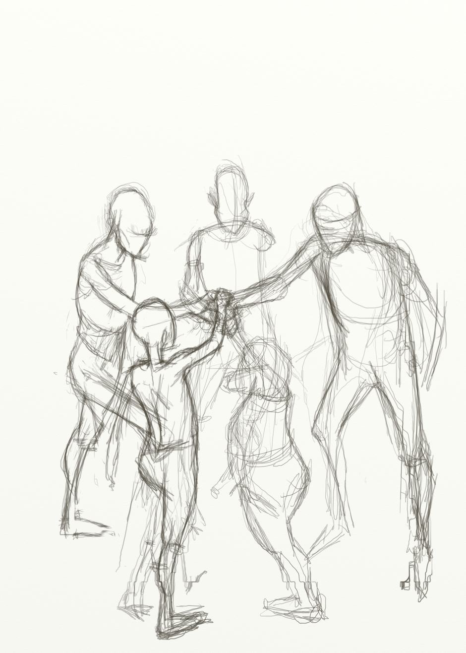 Pencil sketch of five figures standing in a circle with one hand in the middle.