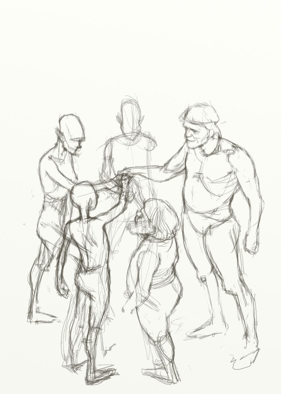 Refined pencil sketch of five figures