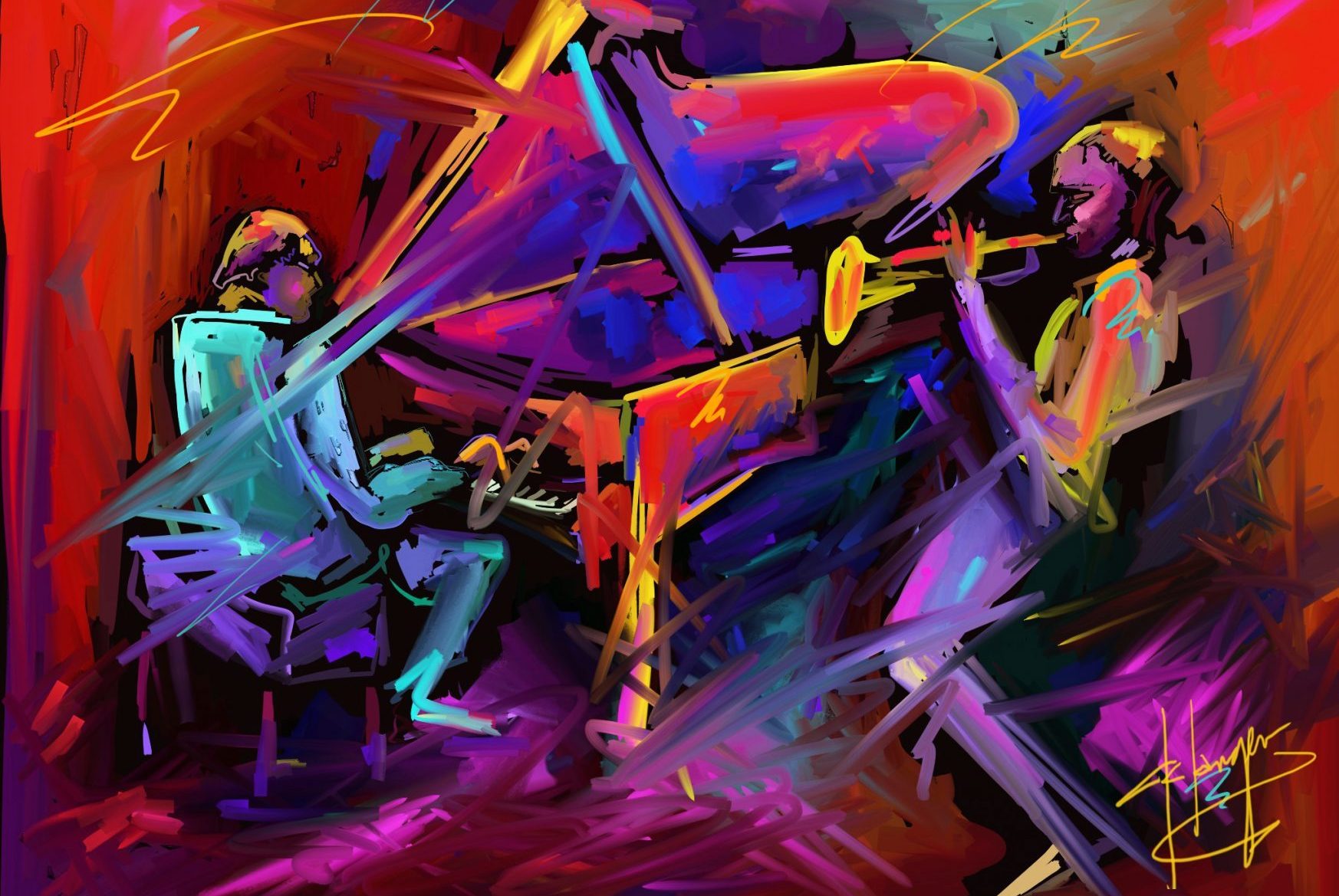 Vivid rendition of a pianist and trumpet player - very brightly coloured and slightly abstract