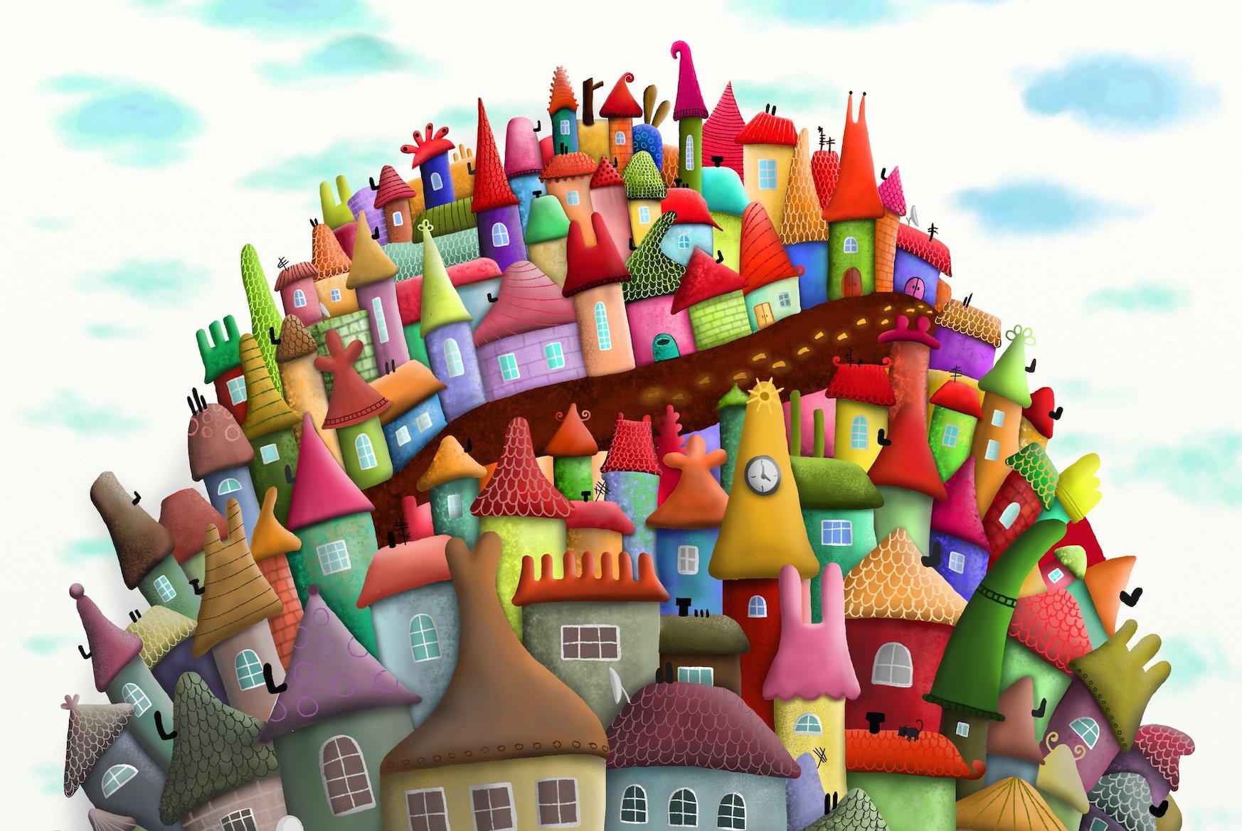 A brightly coloured cartoony cityscape