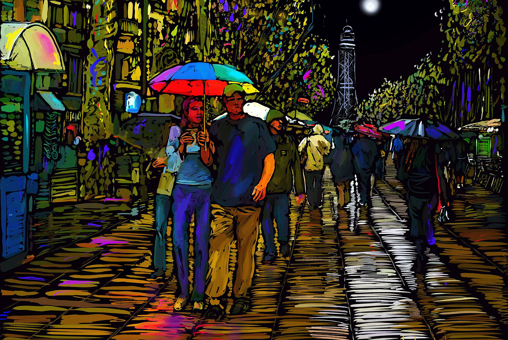 ArtRage painting of a couple walking on a Paris street under a coloured umbrella - by DC Langer