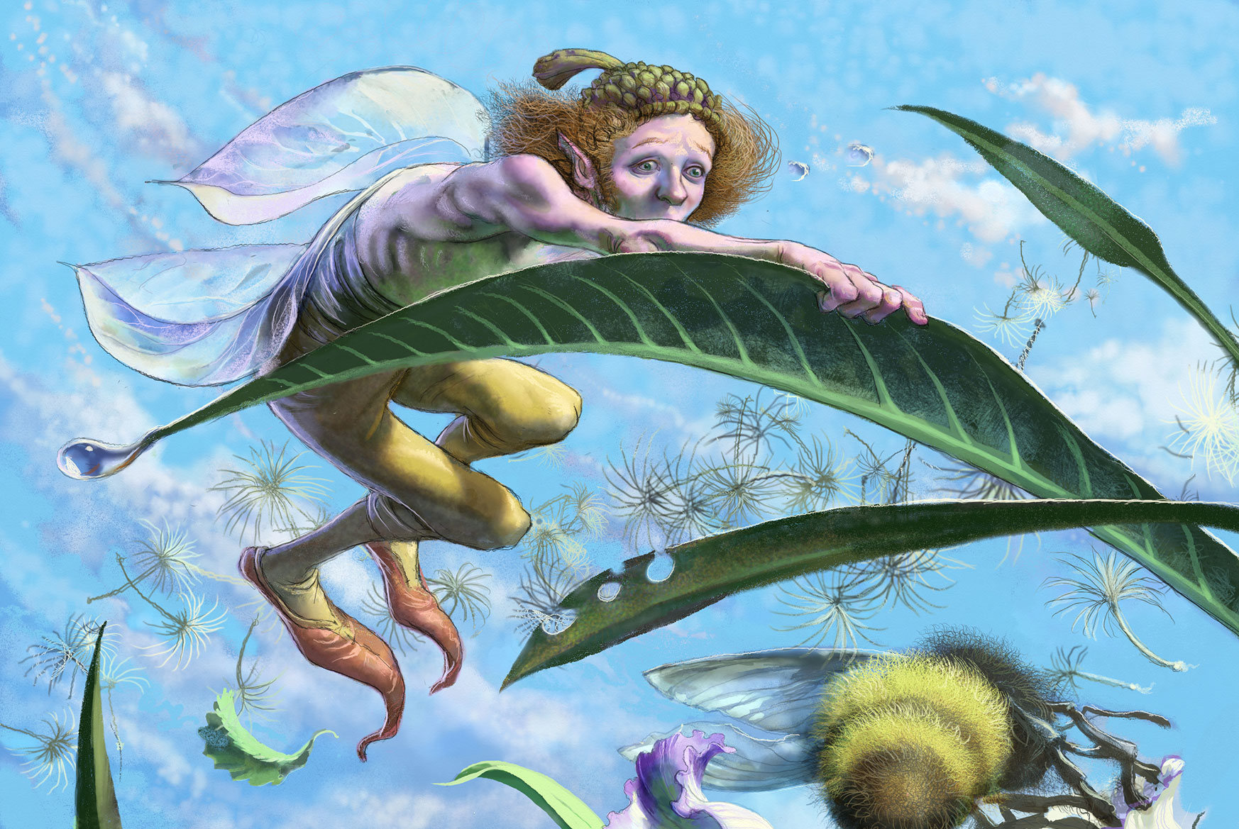 A fairy clinging tenaciously to a leaf to avoid being sucked up by a garden hoover. A bee holds tight in the foreground, another fairy is on the verge of letting go in the background