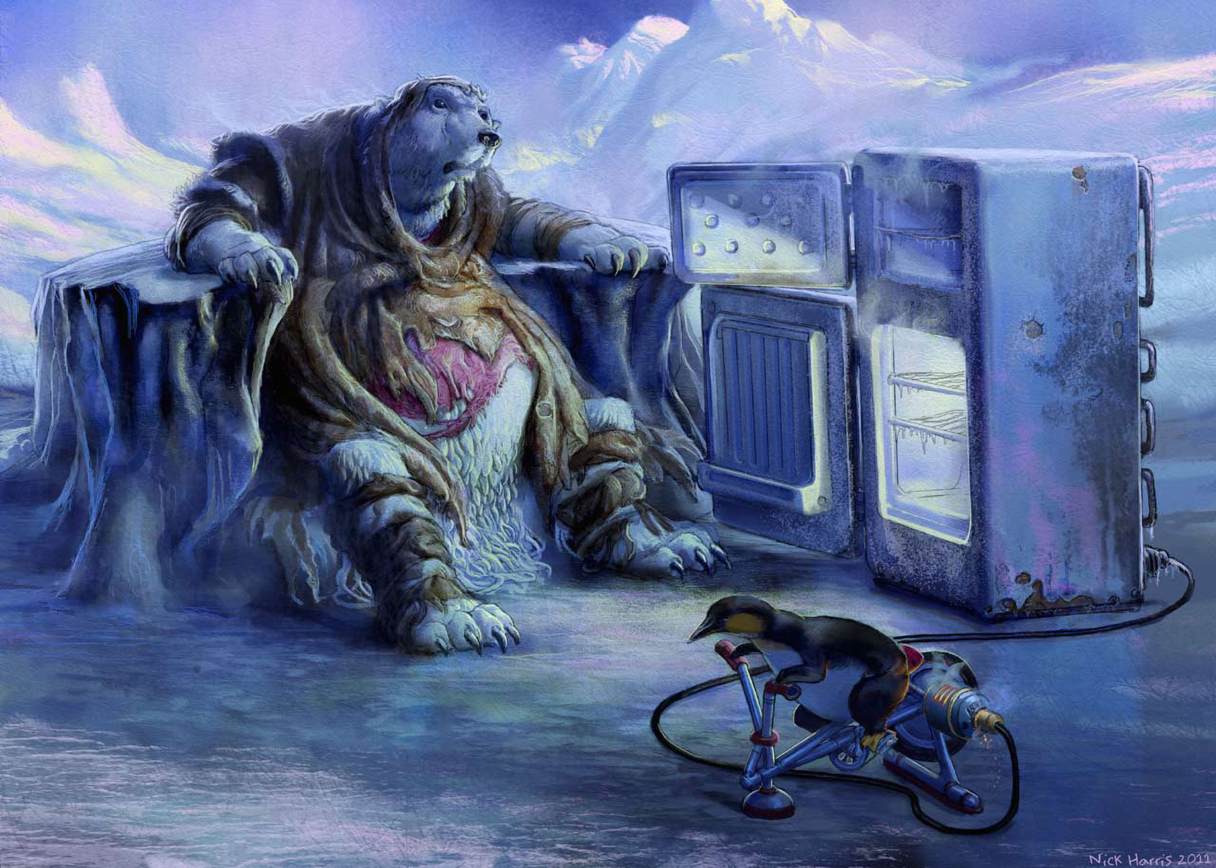 A clothed polar bear sits by an empty fridge with open doors, powered by a penguin riding a bicycle generator.