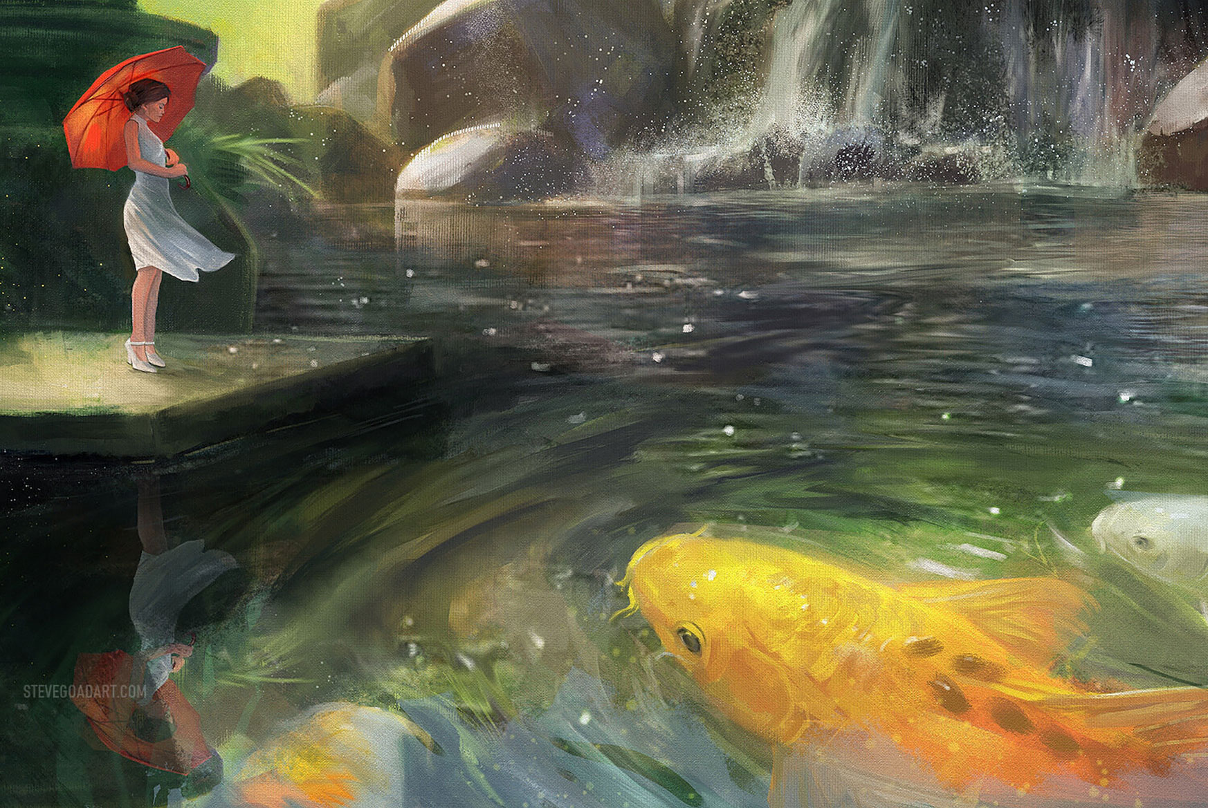 A painting produced with ArtRage software. A giant Koi swims in a pond, in the foreground to the right. A woman in a sundress holding an orange umbrella contemplates the water in the background to the left. To the right top of the image, a waterfall pounds down on to some rocks.