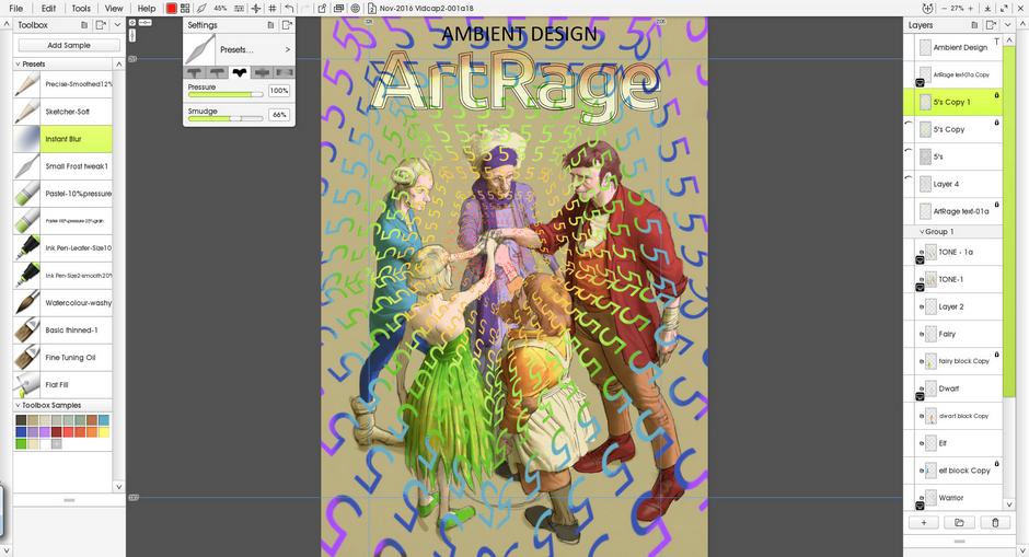 Screenshot of ArtRage 5 with fantasy figures and a rainbow coloured overlay of 5s