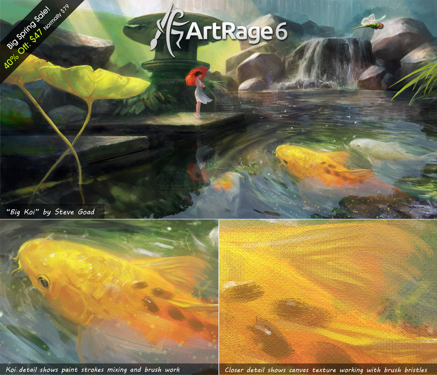 Painting of a woman holding a red umbrella looking into a pond. Two enormous koi are in the foreground