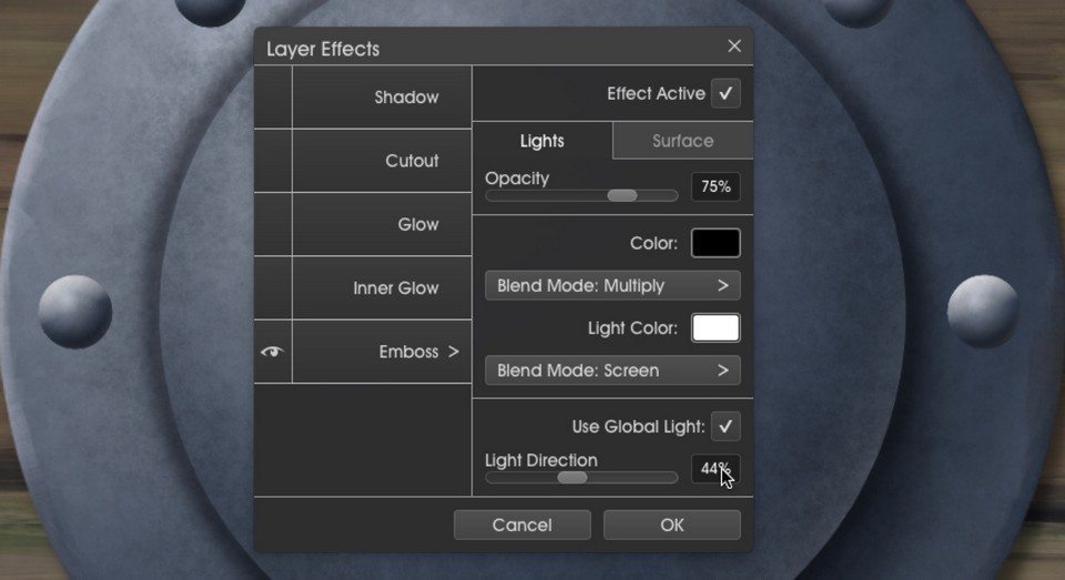 Emboss1 layer effects menu metallic ArtRage 5 tutorial by Boxy Sav Scatola