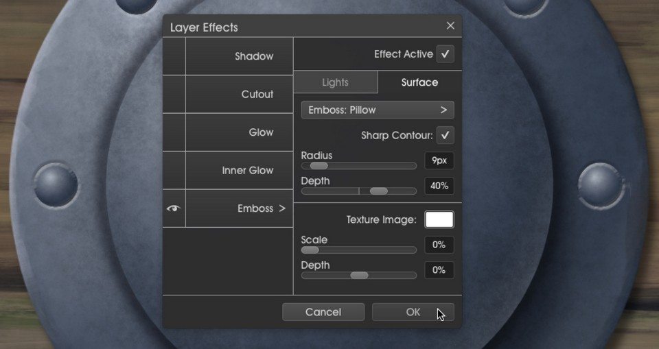 Emboss2 layer effects menu metallic ArtRage 5 tutorial by Boxy Sav Scatola