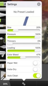 Watercolor settings: Size 20%, Pressure 100%, Thinners 0%, Loading 100%, Color Bleed 47%, Paper Wet Off, Insta-Dry Off, Auto Clean On 