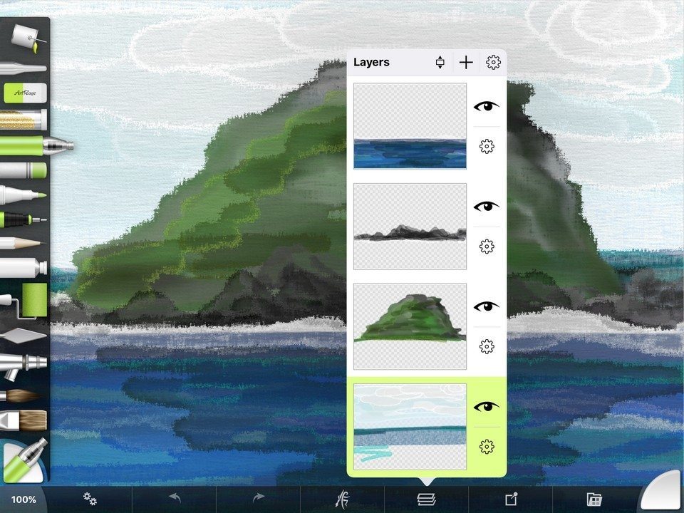 The Layers menu in ArtRage for iPad can be access from the Layers shortcut in the menu bar