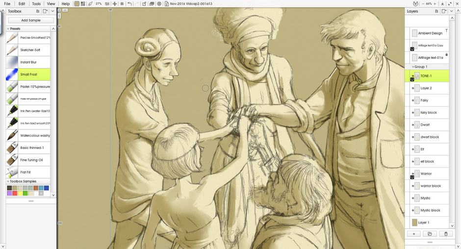 Closeup on five figures with monochrome shading in ArtRage 5 Docking mode with toolbox presets and layers menu visible at the sides.