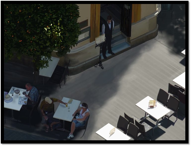 Vic Shelley photorealism view of a street cafe from above