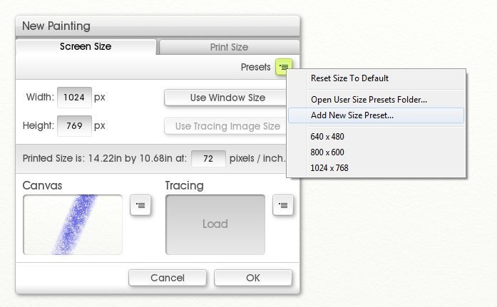 Canvas size presets in ArtRage