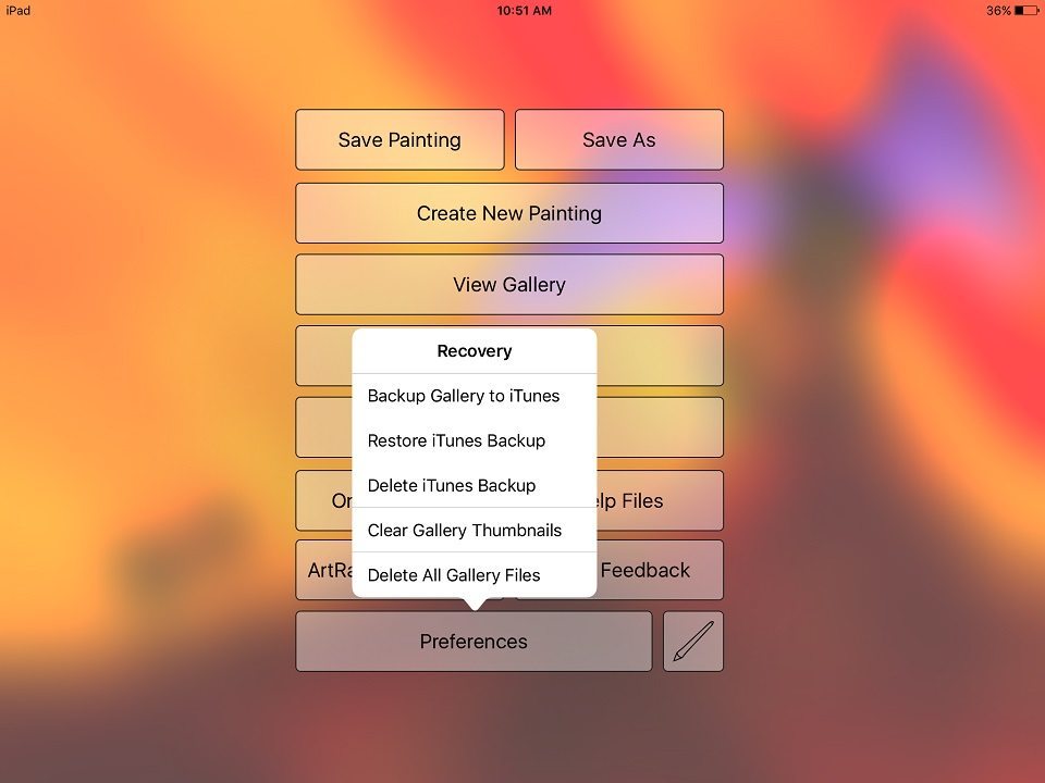 artrage ipad preferences backup menu