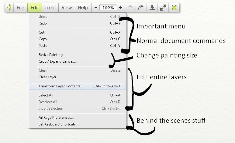 Edit menu artrage lite