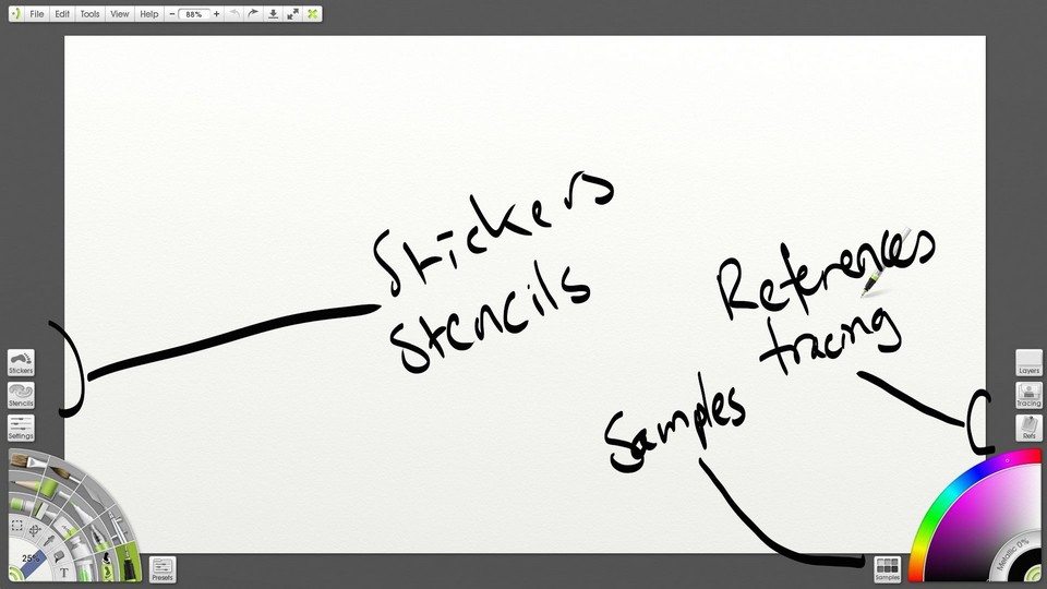 The helpful extras in ArtRage Lite: Stickers, Stencils, References, Tracing and Color Samples