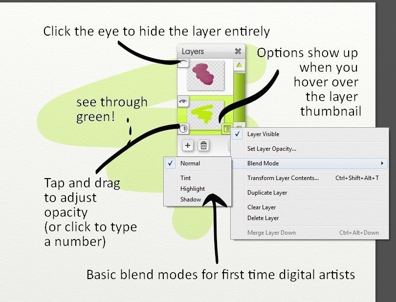 The Layers menu in ArtRage Lite