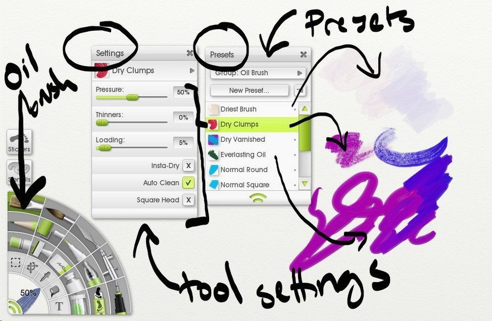 Tool settings and presets in artrage lite