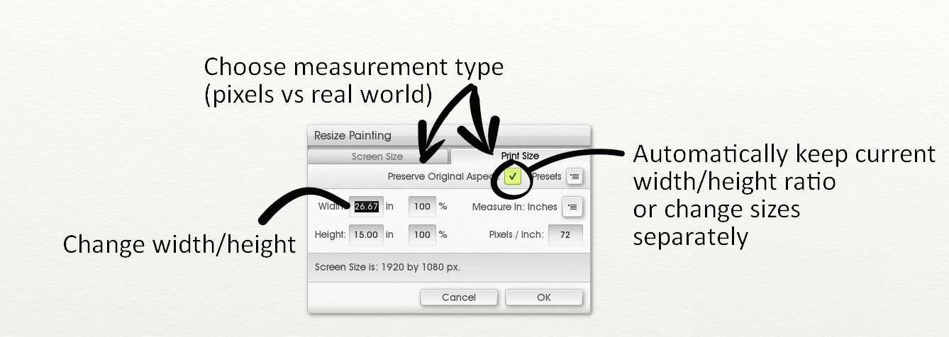 The canvas resize menu in ArtRage