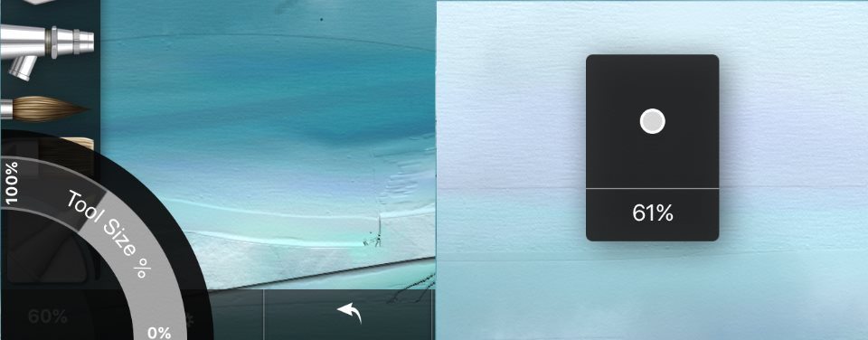 Left: Tap and drag on the tool size in the bottom left to get this slider Right: The tool size indicator pops up with three finger gestures up and down.