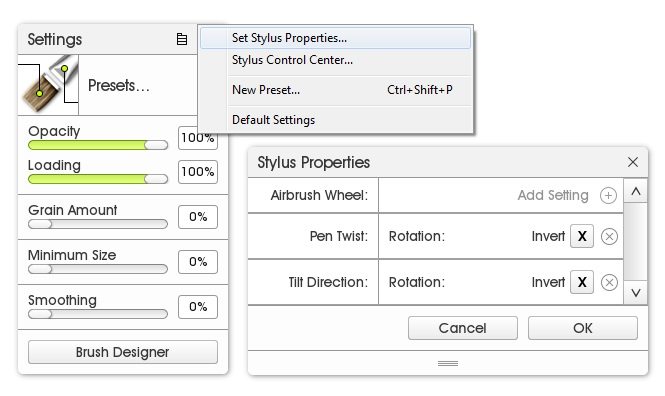 custom brush tool settings set stylus proprties artrage 5