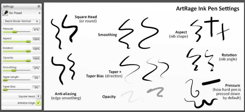 ink pen settings artrage