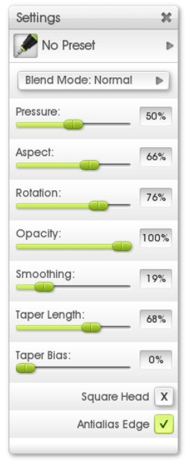 ink pen tool settings menu