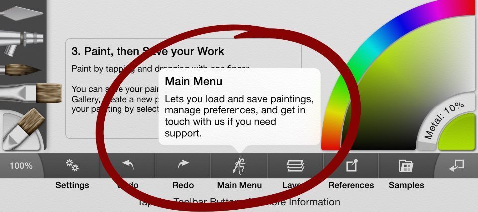 main menu button in artrage for ipad