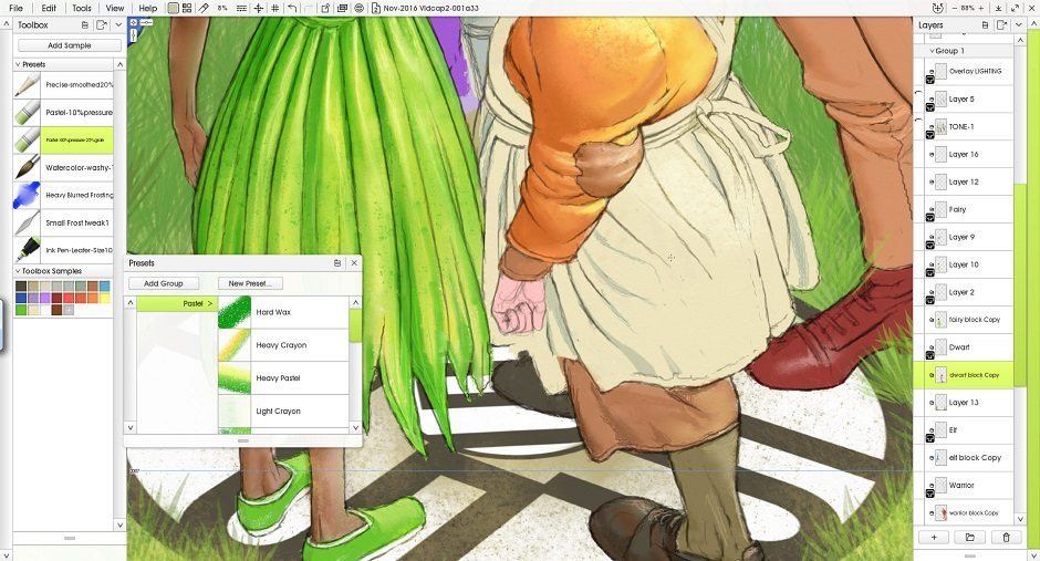 Screenshot of ArtRage 5 with a close up of brightly coloured figures and the Pastel presets menu