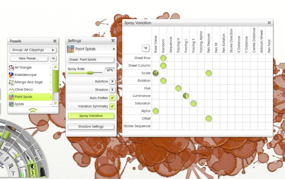 The Spray Variations Panel for the Paint Splats sticker spray preset.