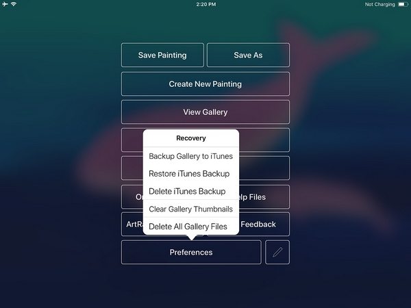 preferences gallery backup artrage ios